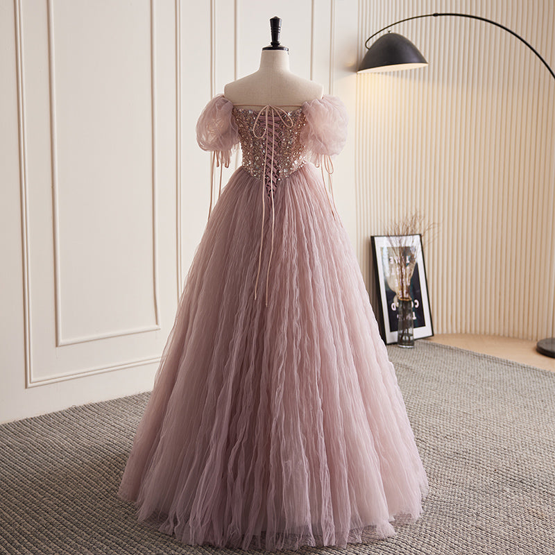 Elegant Dusty Pink Off Shoulder Soft Tulle Long Bridesmaid Dress EY05363 |  ELEVENTH Gown Studio